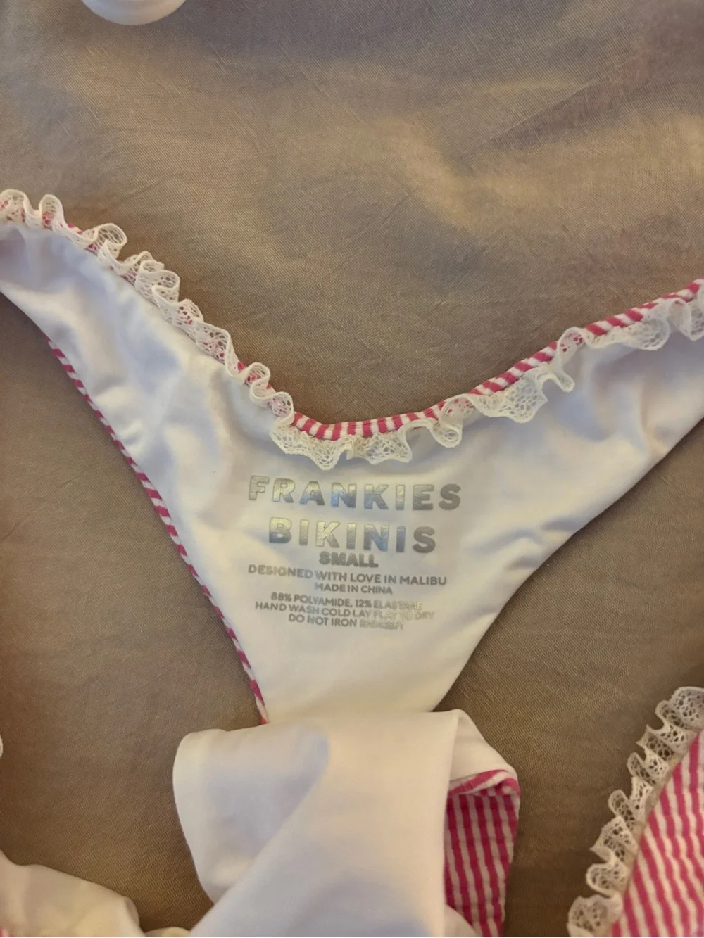 Frankies Bikinis Pink with white stripes bikini set